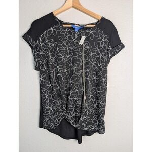 APT.9 Tunic Blouse Womens M Black Floral Tasseled Round Neck Pullover Top